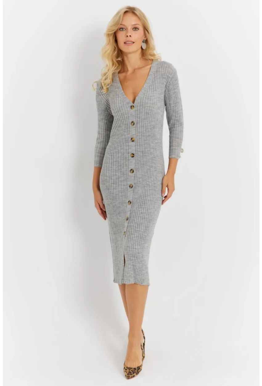 Kadın Gri Triko Midi Gömlek Elbise YV274