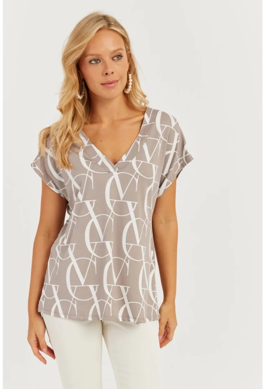 Kadın Gri V Yaka Desenli Bluz AYD293
