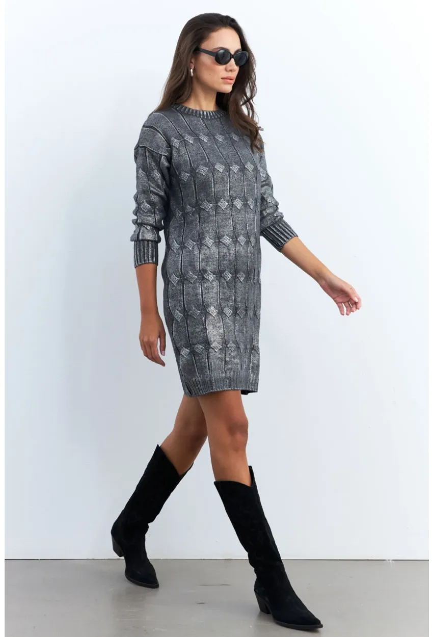 Kadın Gri Varaklı Triko Midi Elbise NAR446
