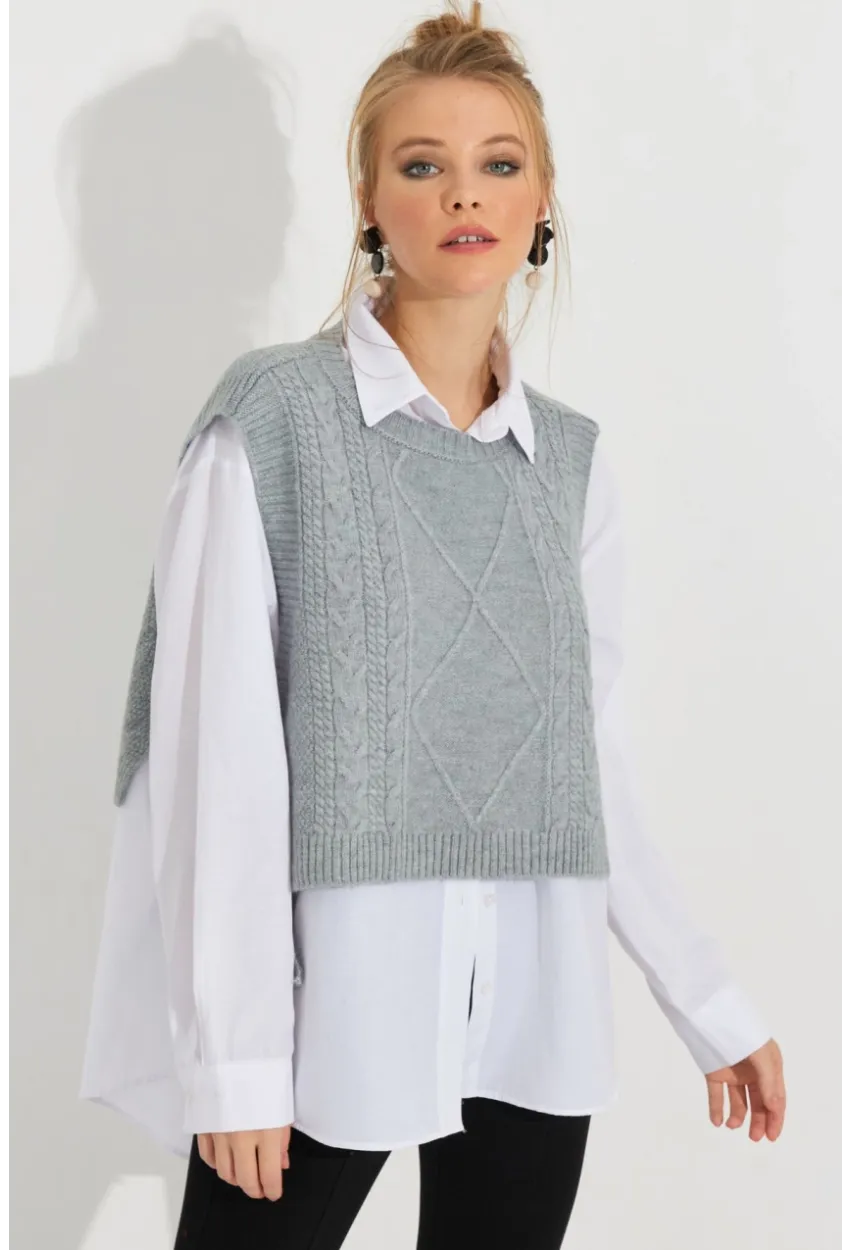 Kadın Gri Yanları Bağlamalı Süveter YV210