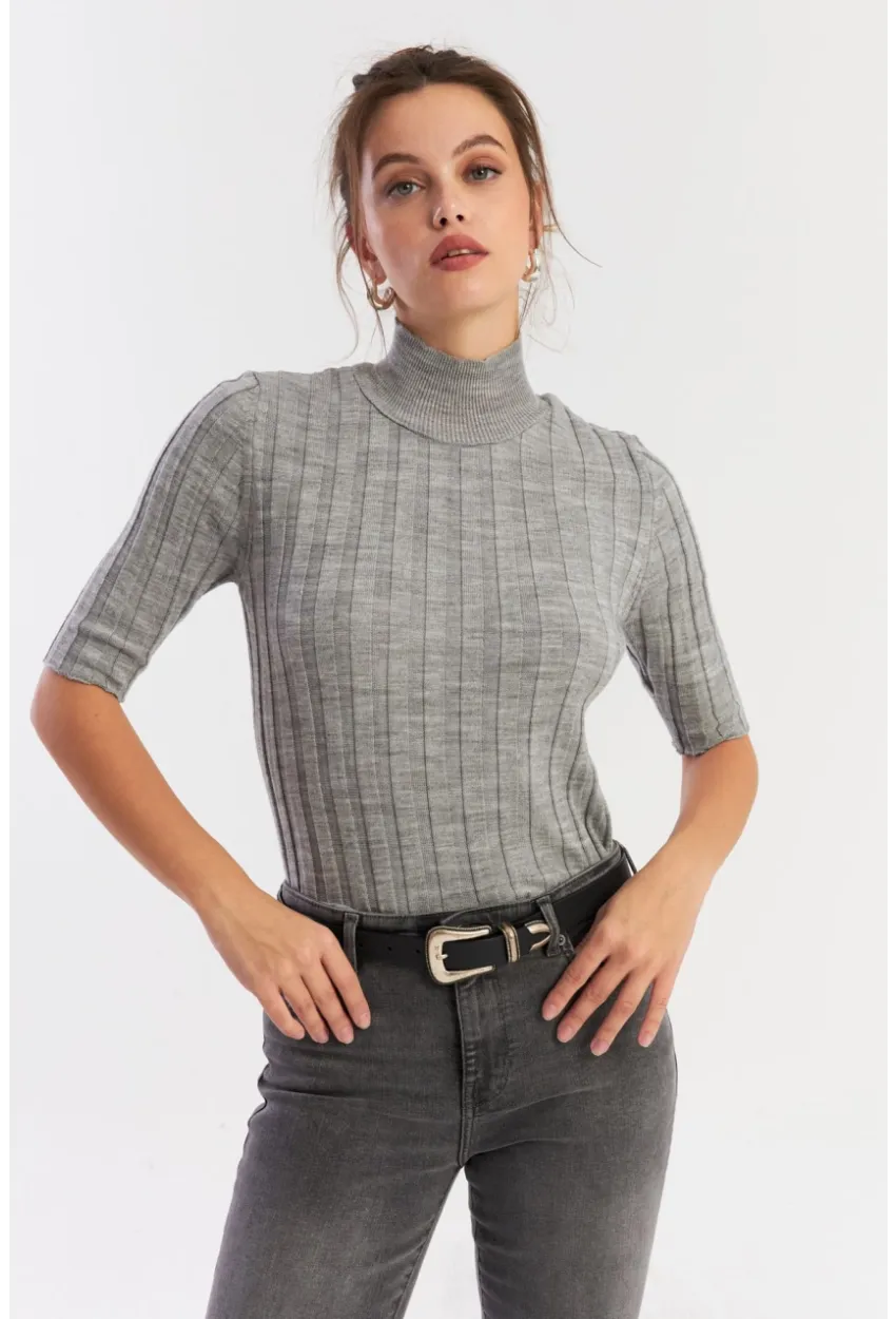 Kadın Gri Yarım Balıkçı Triko Bluz YV287