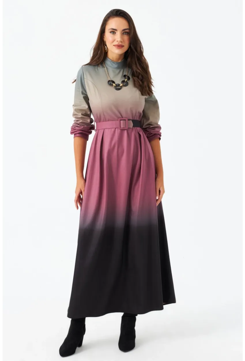 Kadın Gül Kurusu Kemerli Maxi Elbise MHAD4974