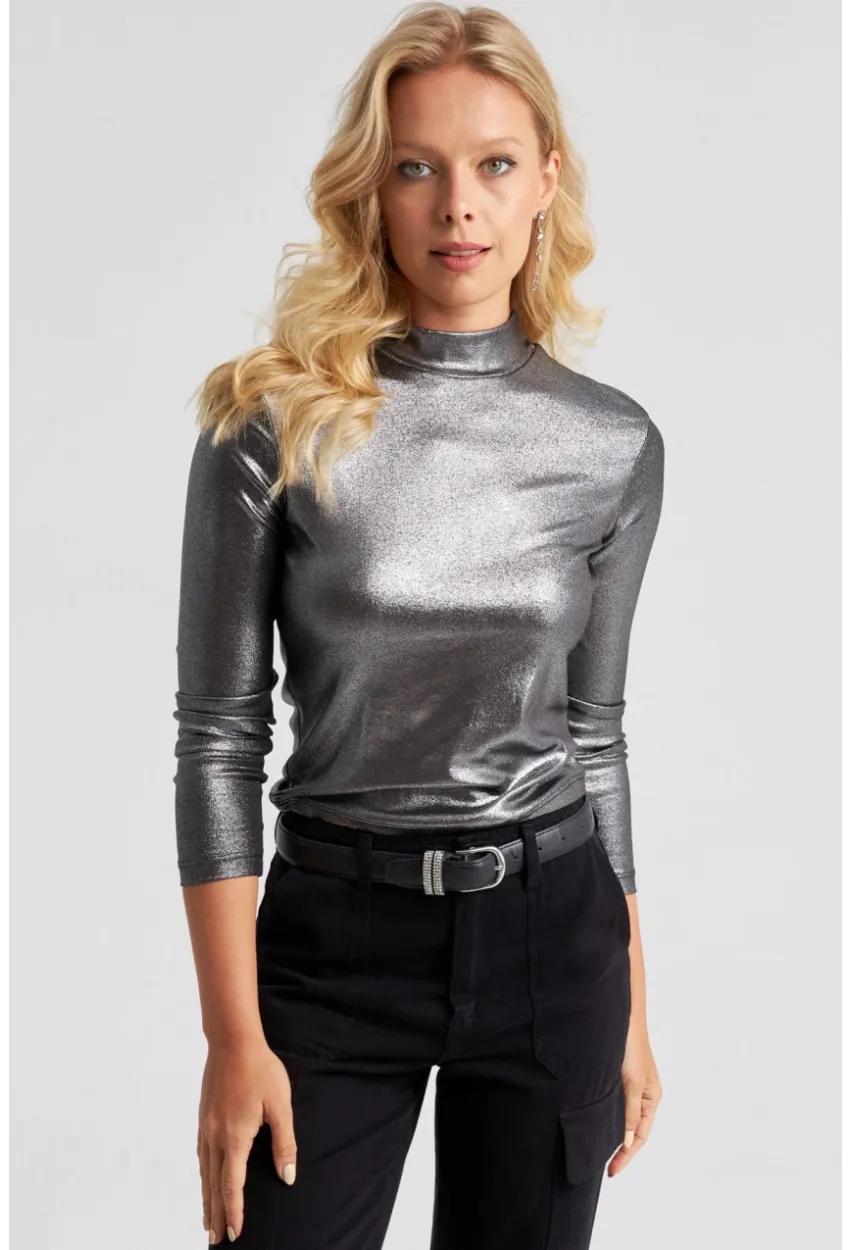 Kadın Gümüş Rengi Parlak Bluz LPP1245