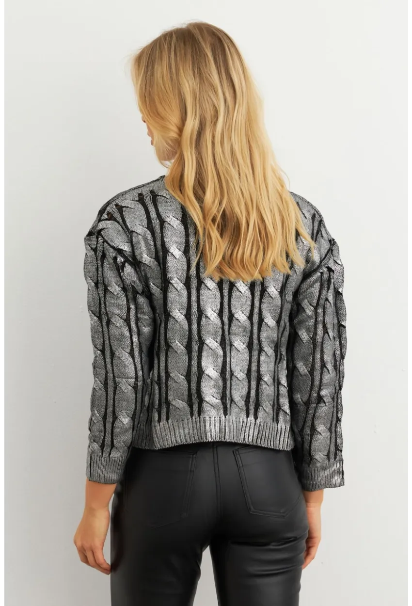 Kadın Gümüş Rengi Saç Örgülü Vatkalı Triko Bluz RM618