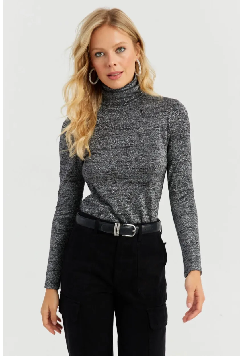 Kadın Gümüş Rengi Simli Balıkçı Bluz RX435