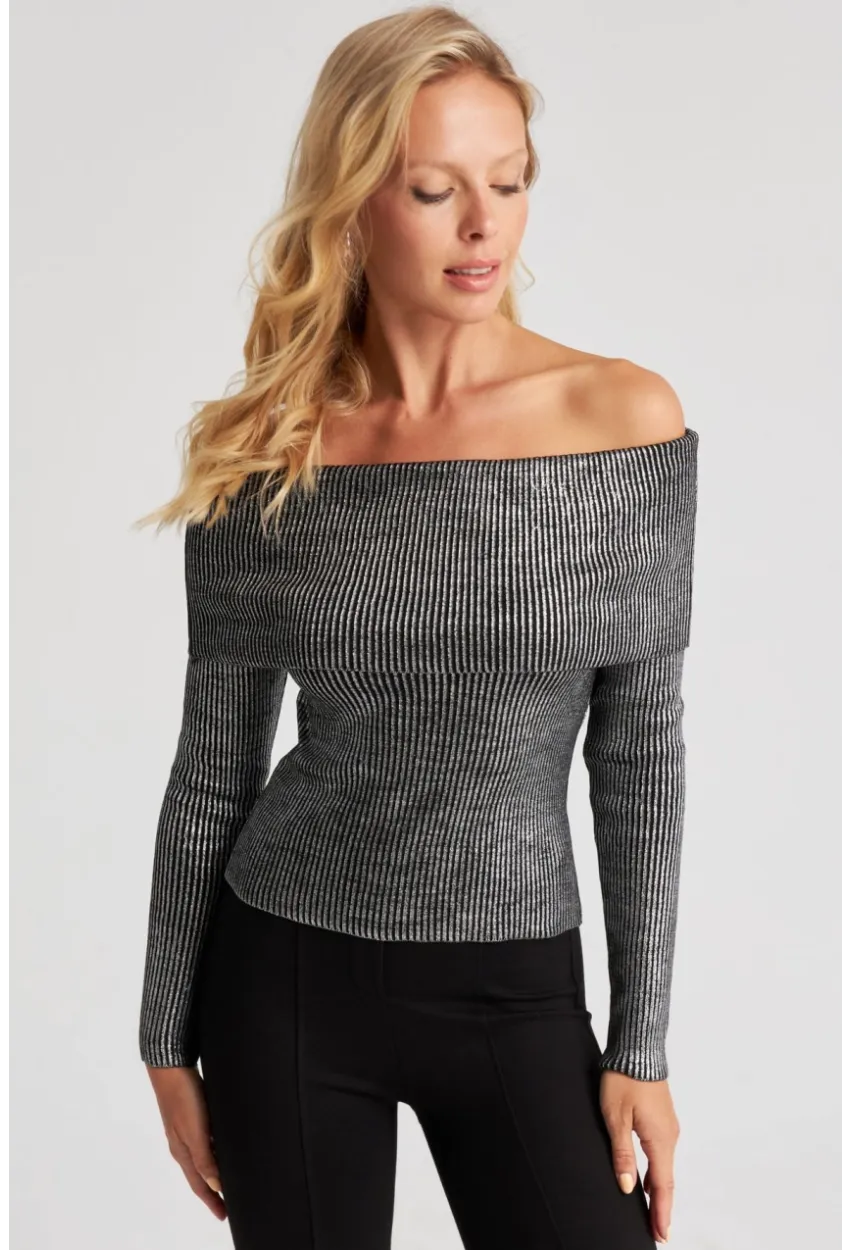 Kadın Gümüş Rengi Varaklı Madonna Triko Bluz SF2523