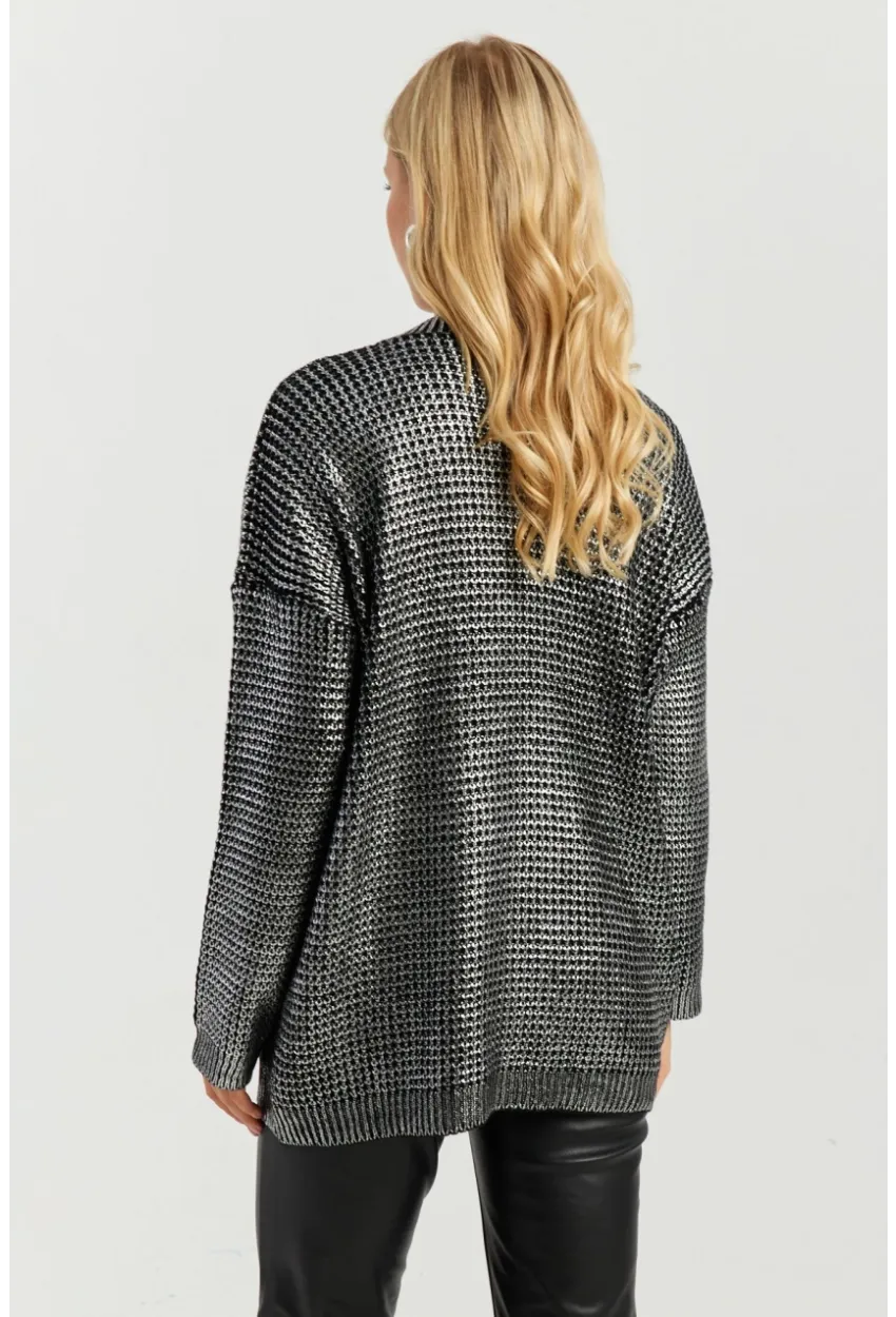 Kadın Gümüş Rengi Varaklı Triko Kazak SF2534