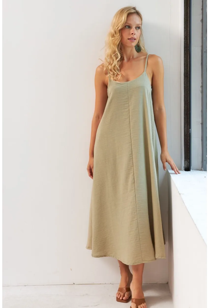 Kadın Haki Ayarlanabilir Askılı Midi Keten Elbise DMR355