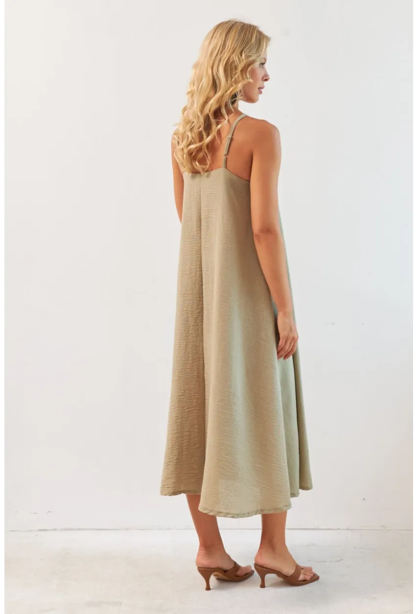 Kadın Haki Ayarlanabilir Askılı Midi Keten Elbise DMR355