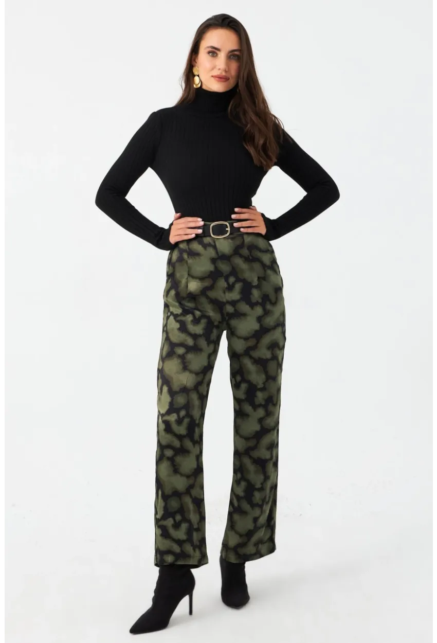 Kadın Haki Batik Desenli Saten Pantolon CAR1069