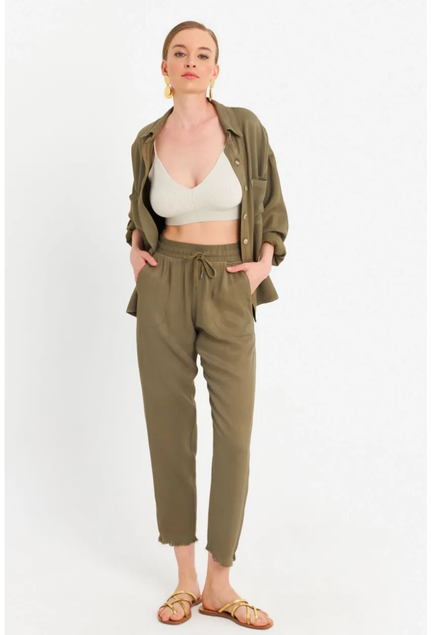 Kadın Haki Beli Lastikli Tensel Pantolon SUN201