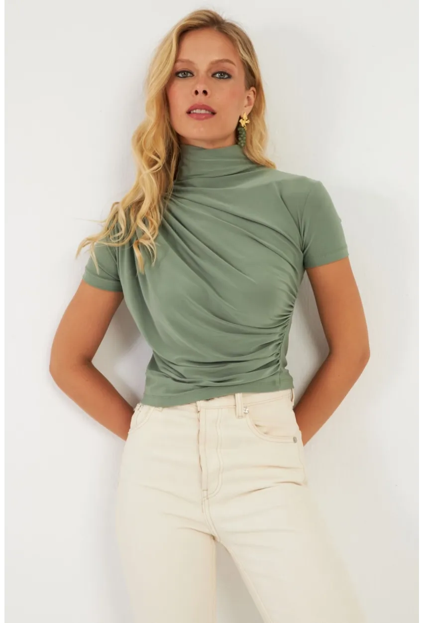 Kadın Haki Büzgülü Bluz LPP1287
