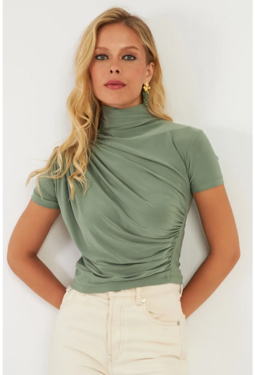 Kadın Haki Büzgülü Bluz LPP1287