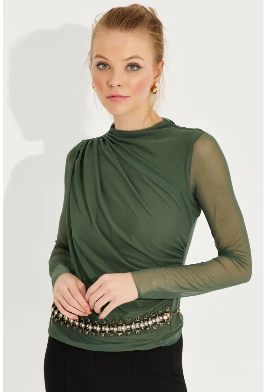 Kadın Haki Büzgülü Drapeli Tül Bluz LPP1244