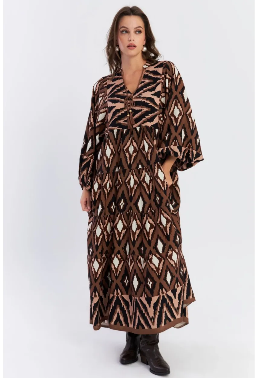 Kadın Haki Desenli Dokuma Maxi Elbise ALO235