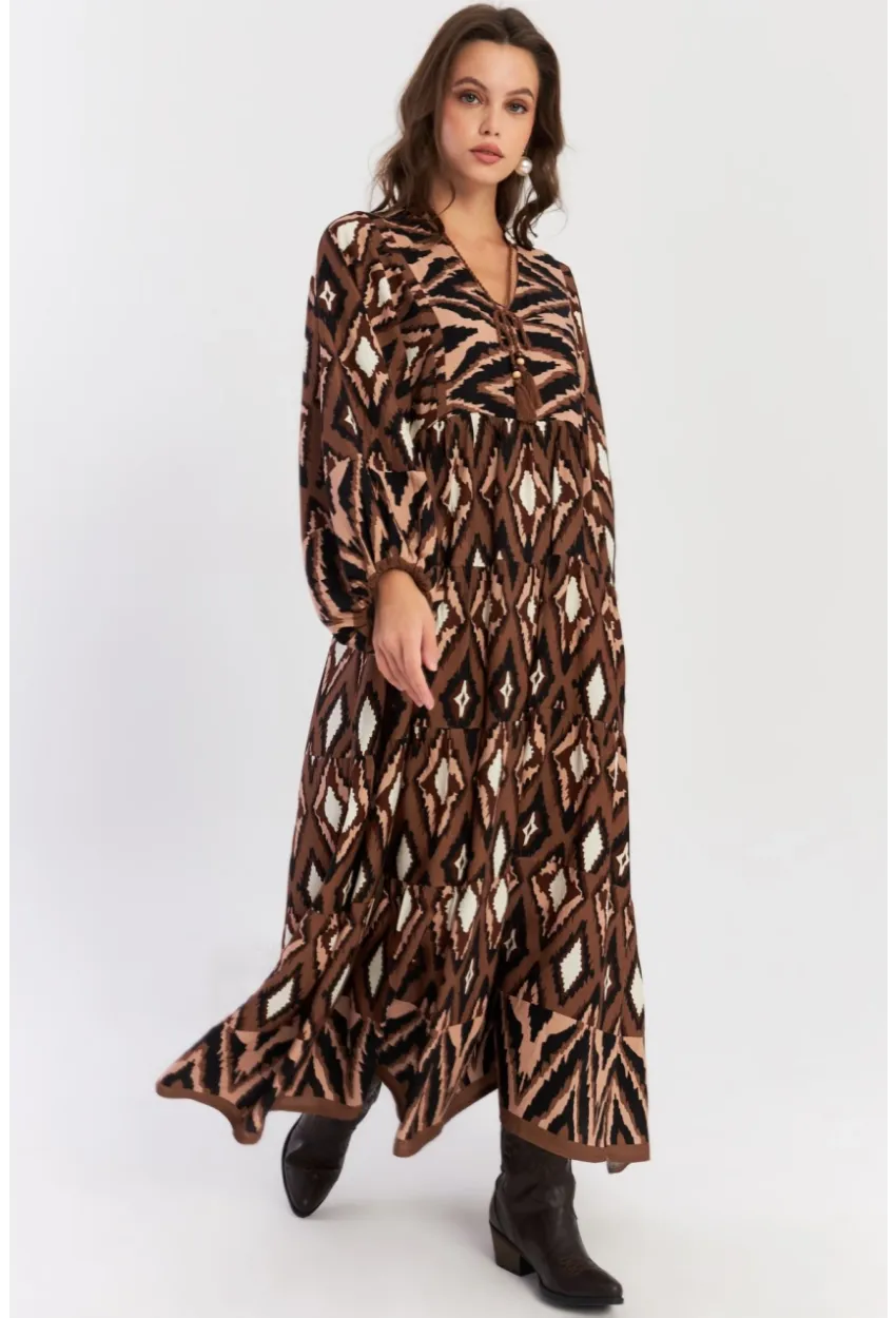 Kadın Haki Desenli Dokuma Maxi Elbise ALO235