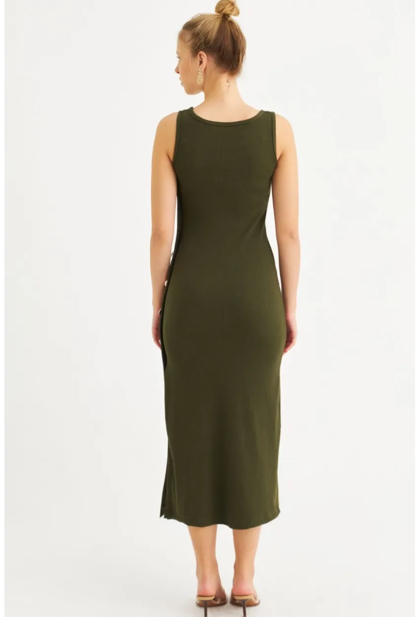 Kadın Haki Düğme Detaylı Kaşkorse Midi Elbise EY2837