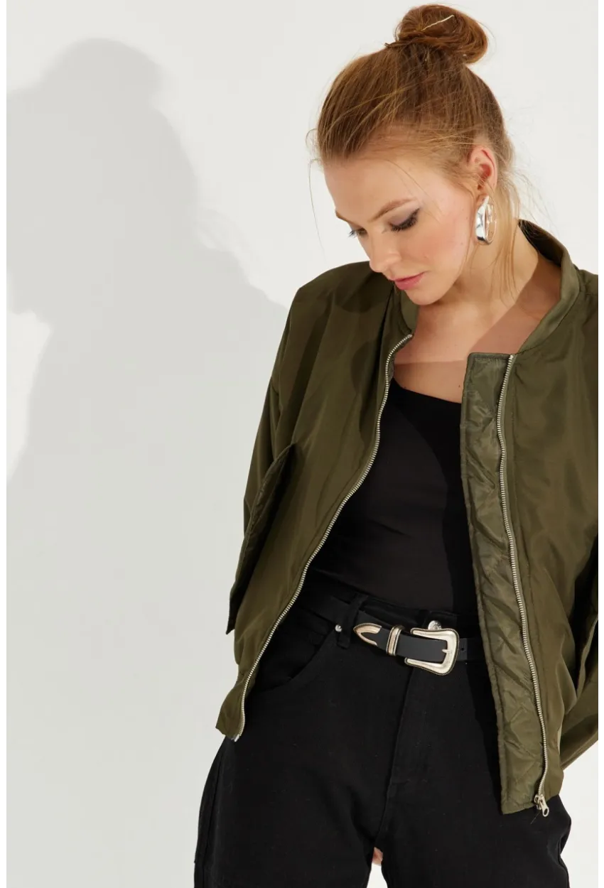 Kadın Haki Fermuarlı Bomber Mont QRS8367
