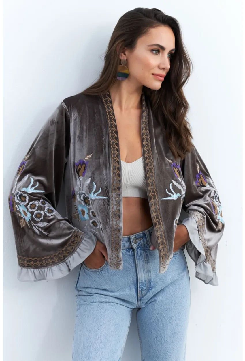 Kadın Haki İspanyol Kol Nakışlı Kadife Ceket QS5577