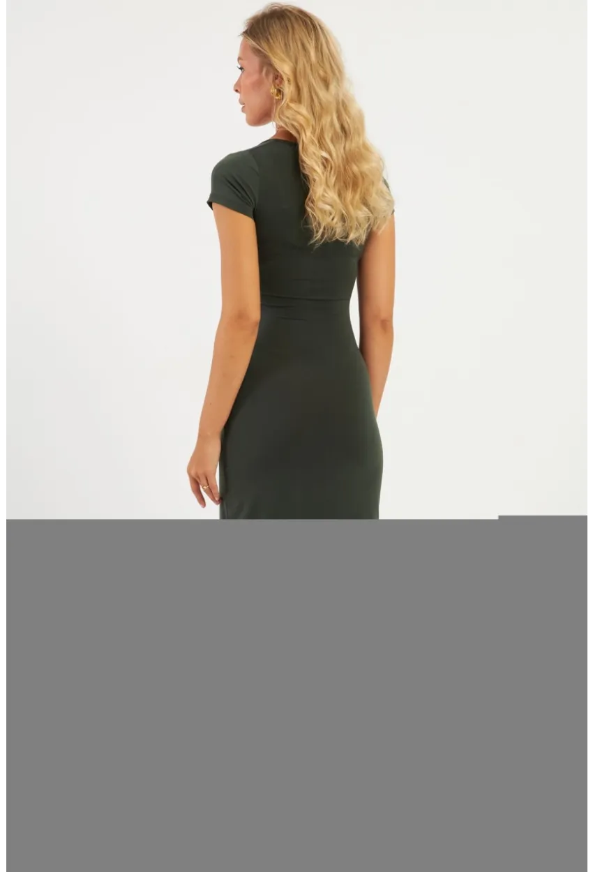 Kadın Haki Kare Yaka Midi Elbise DMR2431