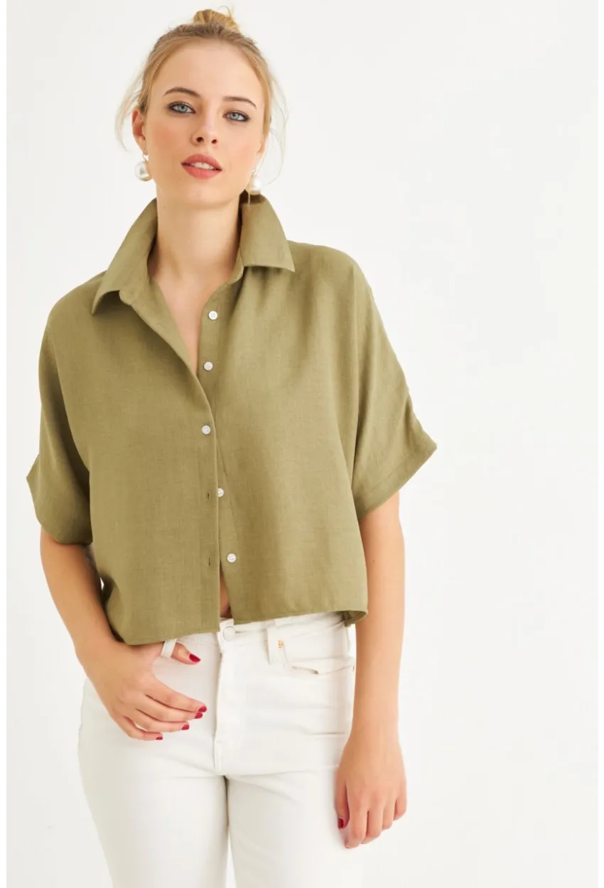 Kadın Haki Kısa Kollu Crop Gömlek CNG117