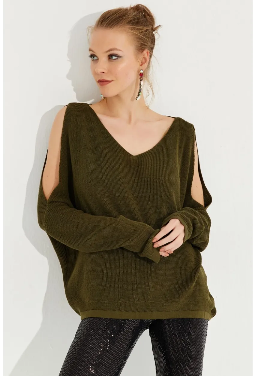 Kadın Haki Kolu Yırtmaçlı Triko Bluz SMT221