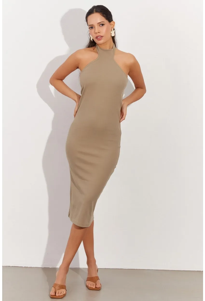 Kadın Haki Sırtı Açık Halter Midi Elbise OW138