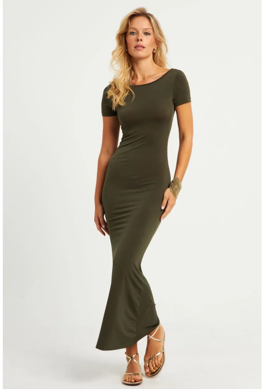 Kadın Haki Sırtı Açık Maxi Elbise DMR306