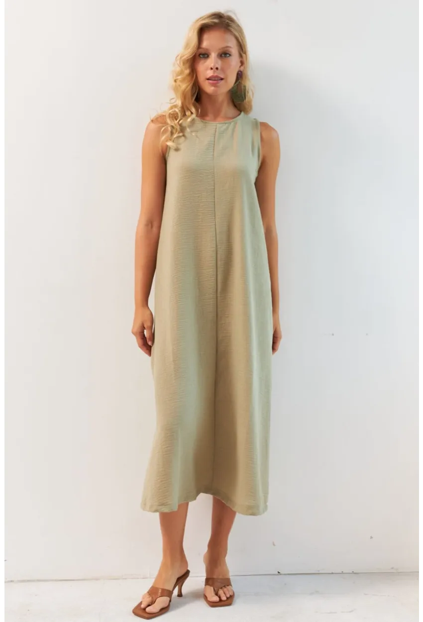 Kadın Haki Sırtı Düğmeli Midi Keten Elbise DMR353