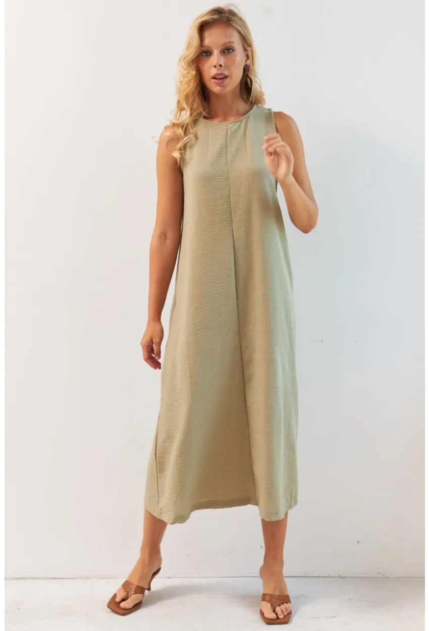 Kadın Haki Sırtı Düğmeli Midi Keten Elbise DMR353