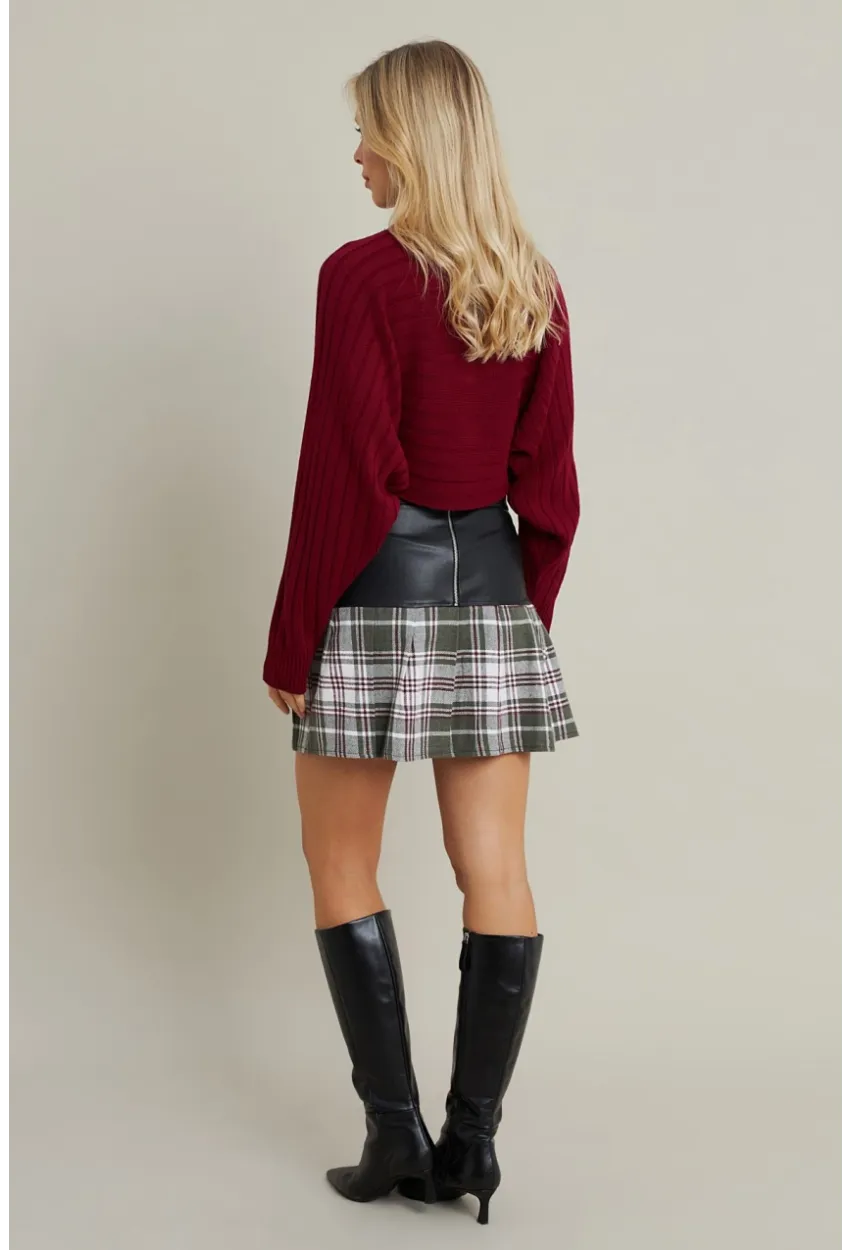 Kadın Haki-Siyah Kazayağı Suni Deri Mini Etek NH93