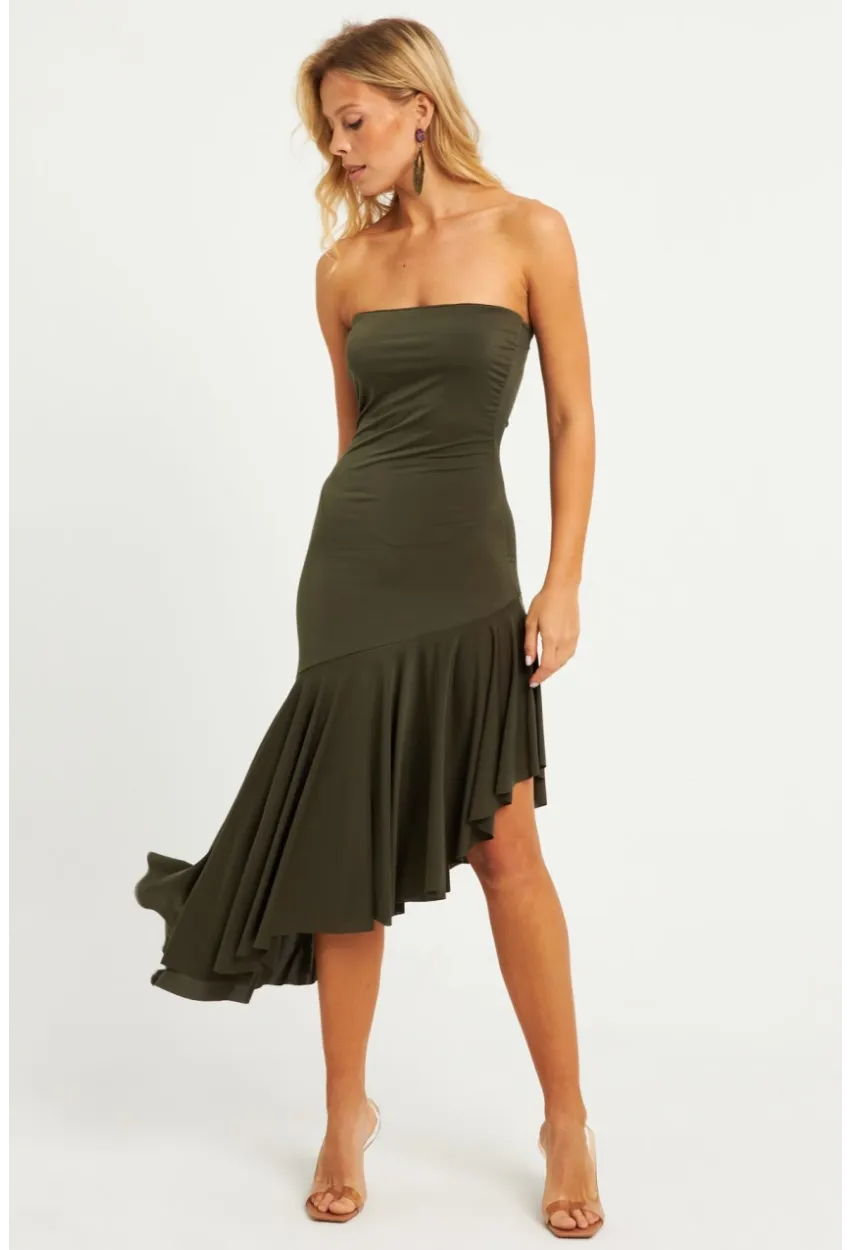 Kadın Haki Straplez Asimetrik Midi Elbise DMR337