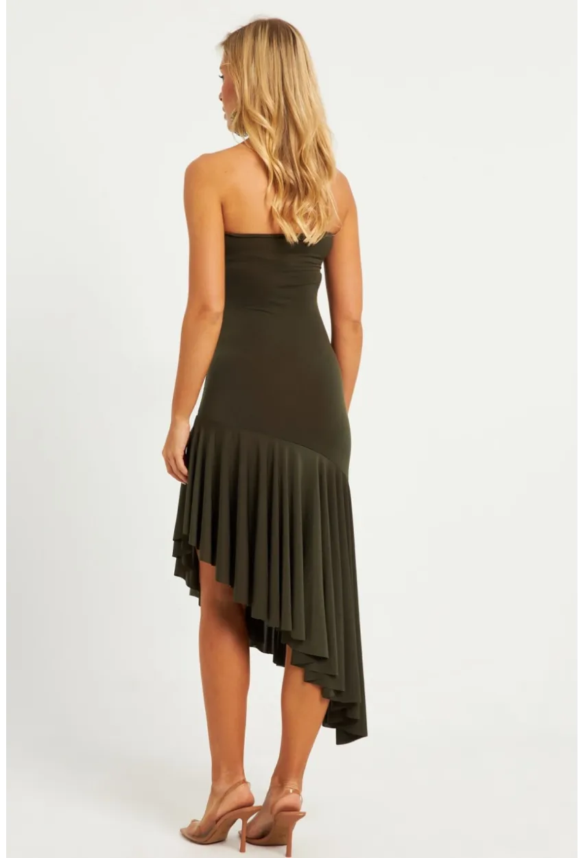 Kadın Haki Straplez Asimetrik Midi Elbise DMR337