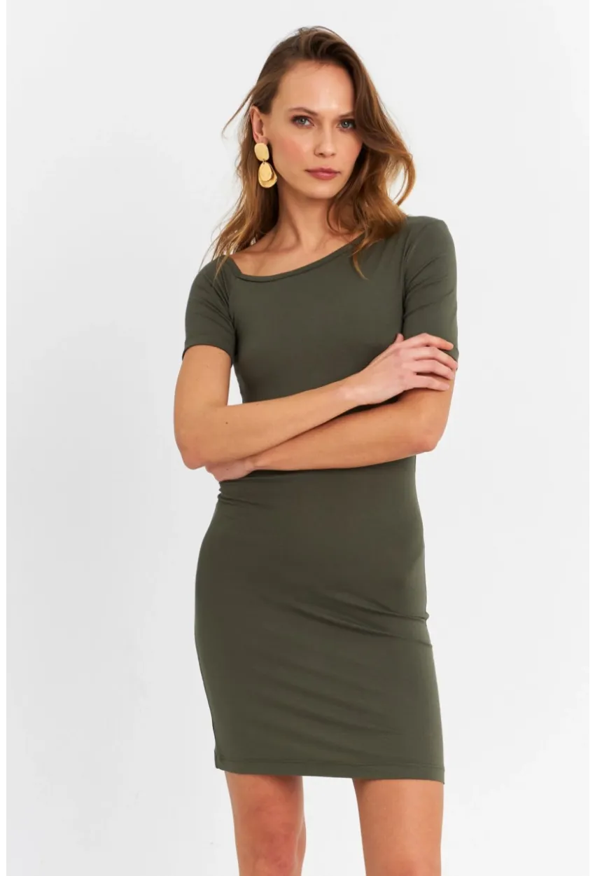 Kadın Haki Tek Omuz Açık Mini Elbise EY3079