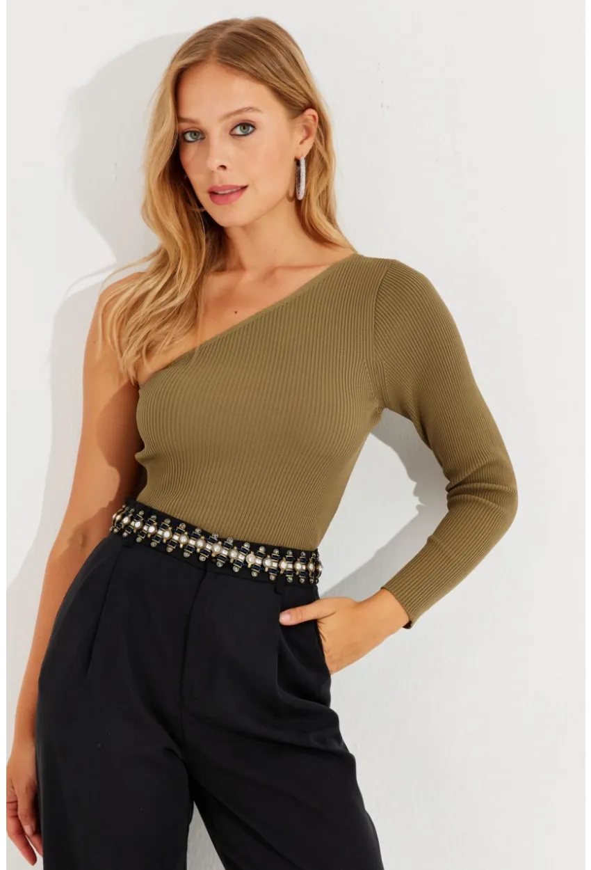 Kadın Haki Tek Omuz Triko Bluz YV204