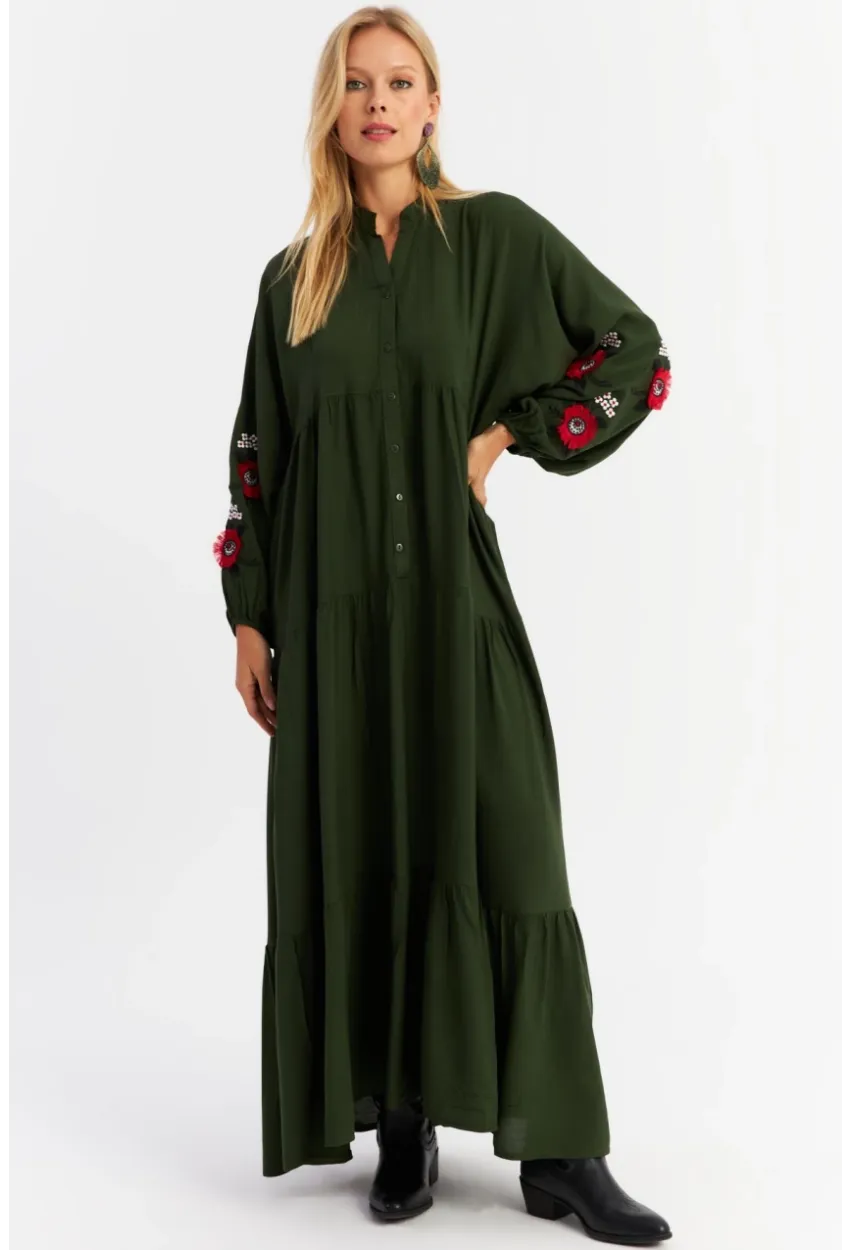 Kadın Haki Volanlı Maxi Elbise MALO9