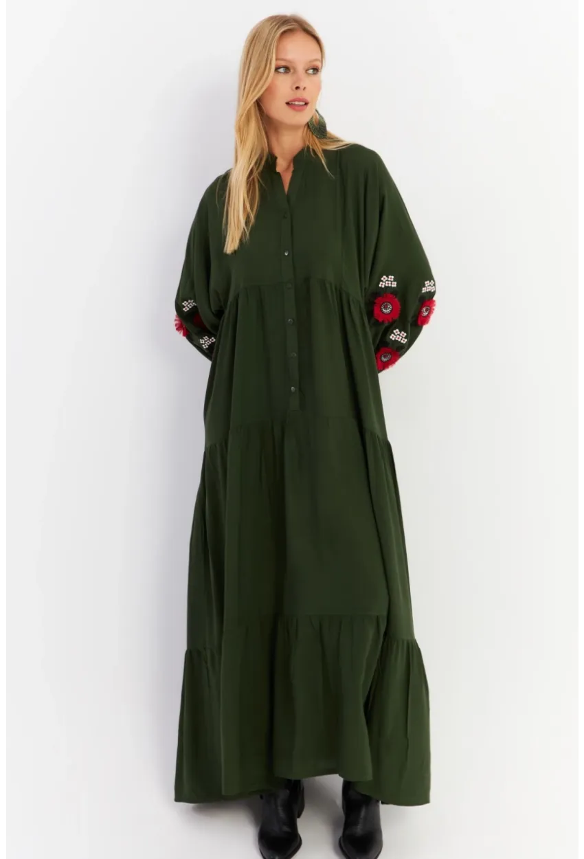 Kadın Haki Volanlı Maxi Elbise MALO9