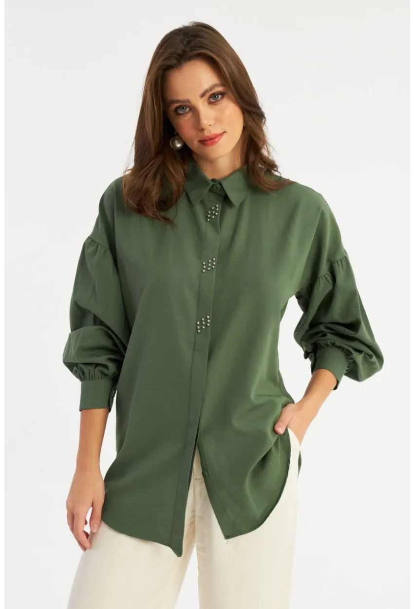Kadın Haki Zımbalı Gömlek MASF08