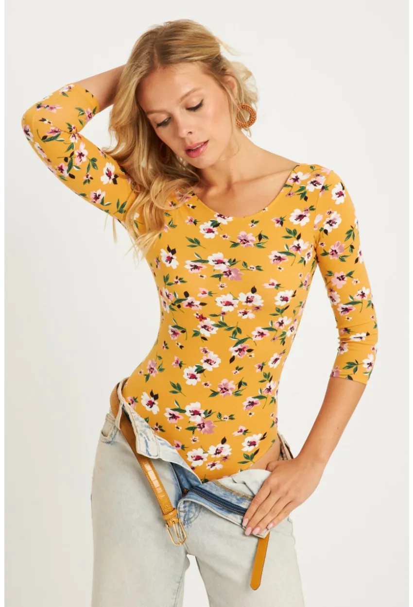 Kadın Hardal Çiçek Desenli Çıtçıtlı Body RK40