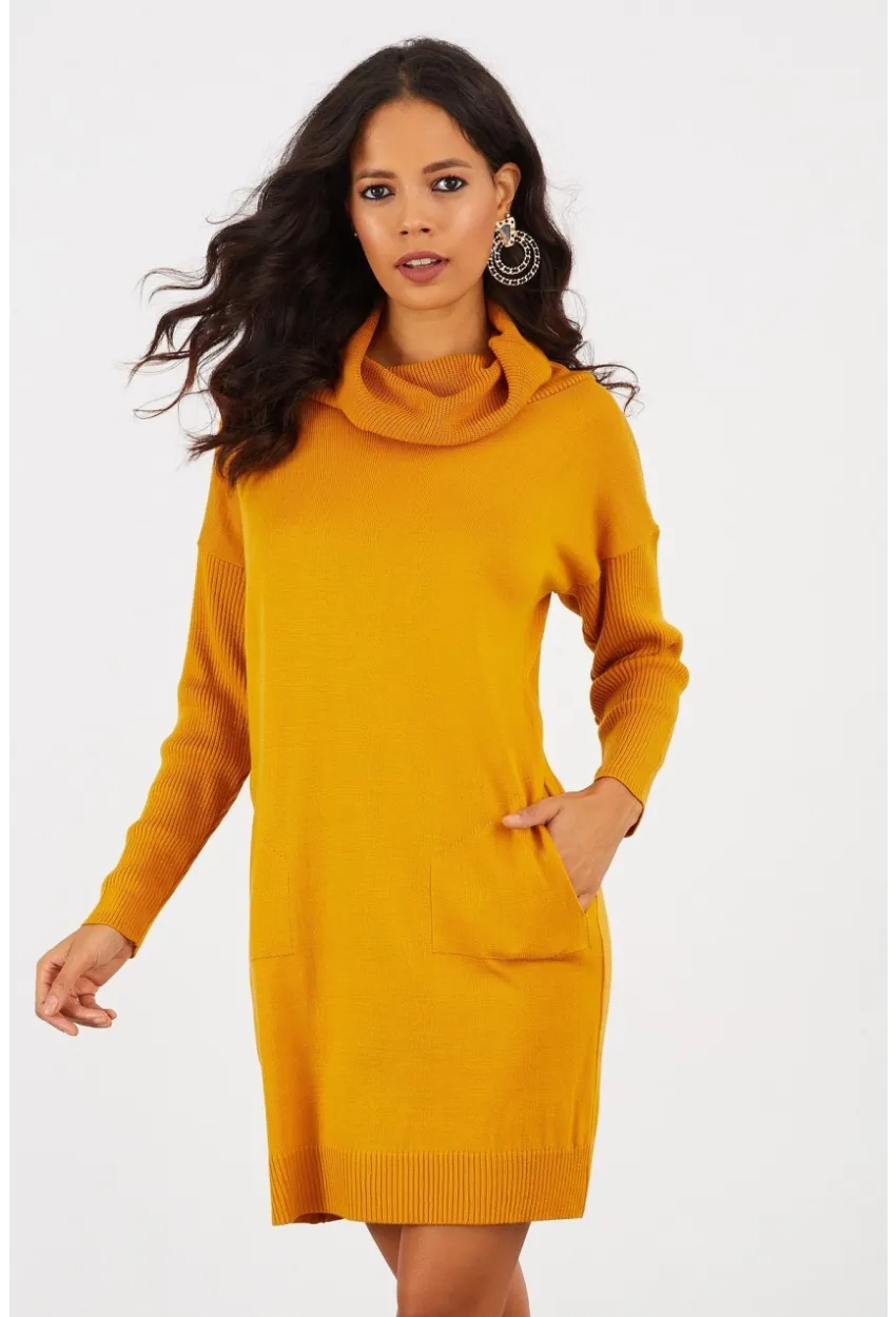 Kadın Hardal Degaje Yaka Triko Mini Elbise YV73