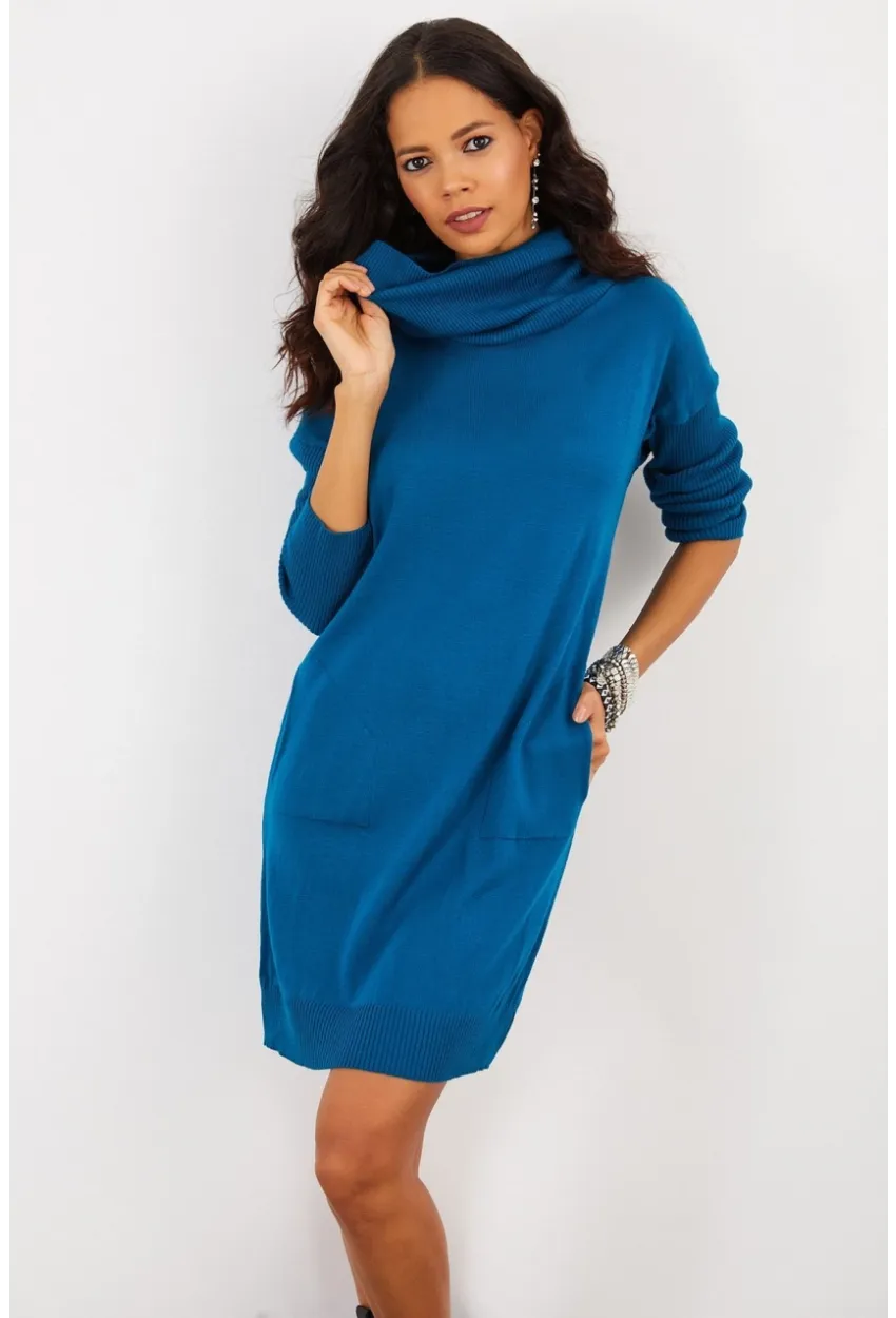 Kadın İndigo Degaje Yaka Triko Mini Elbise YV73