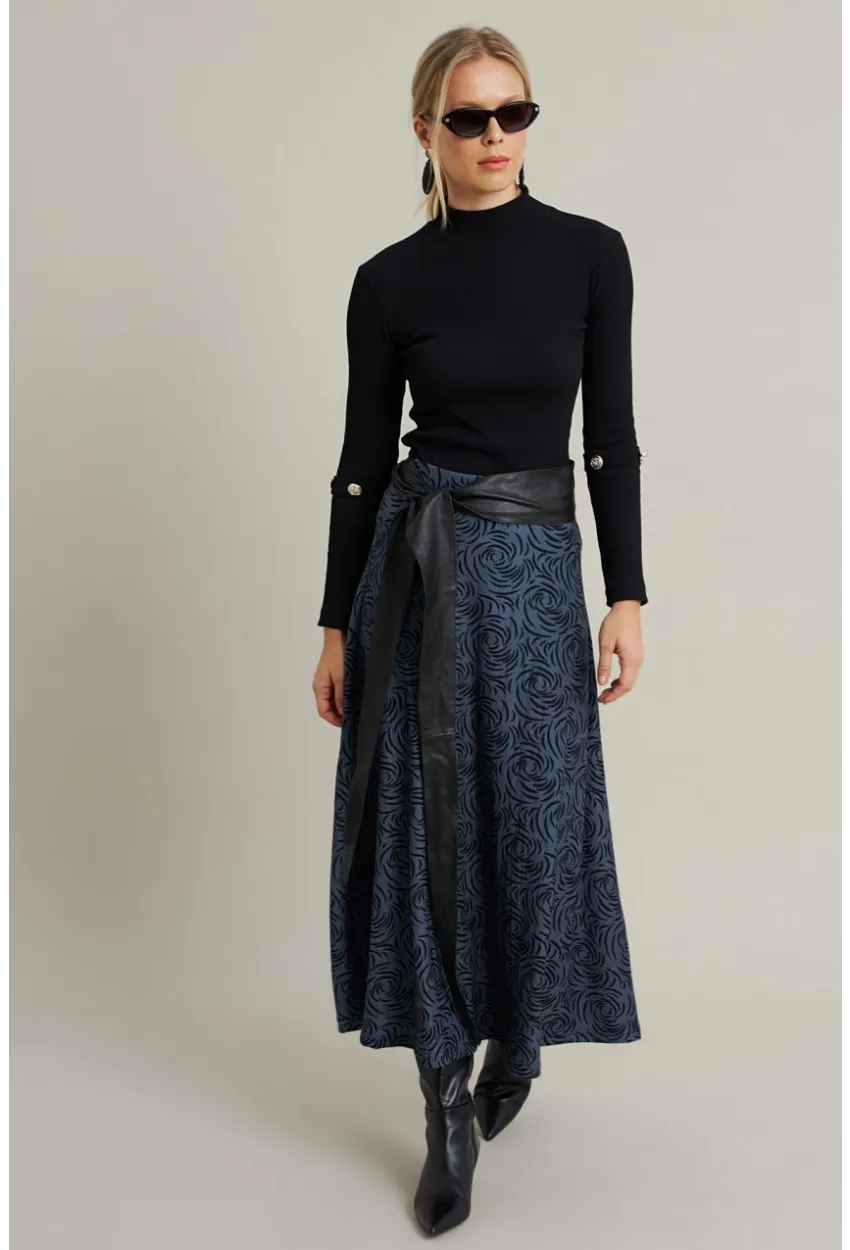 Kadın İndigo Desenli Çan Etek LON3007