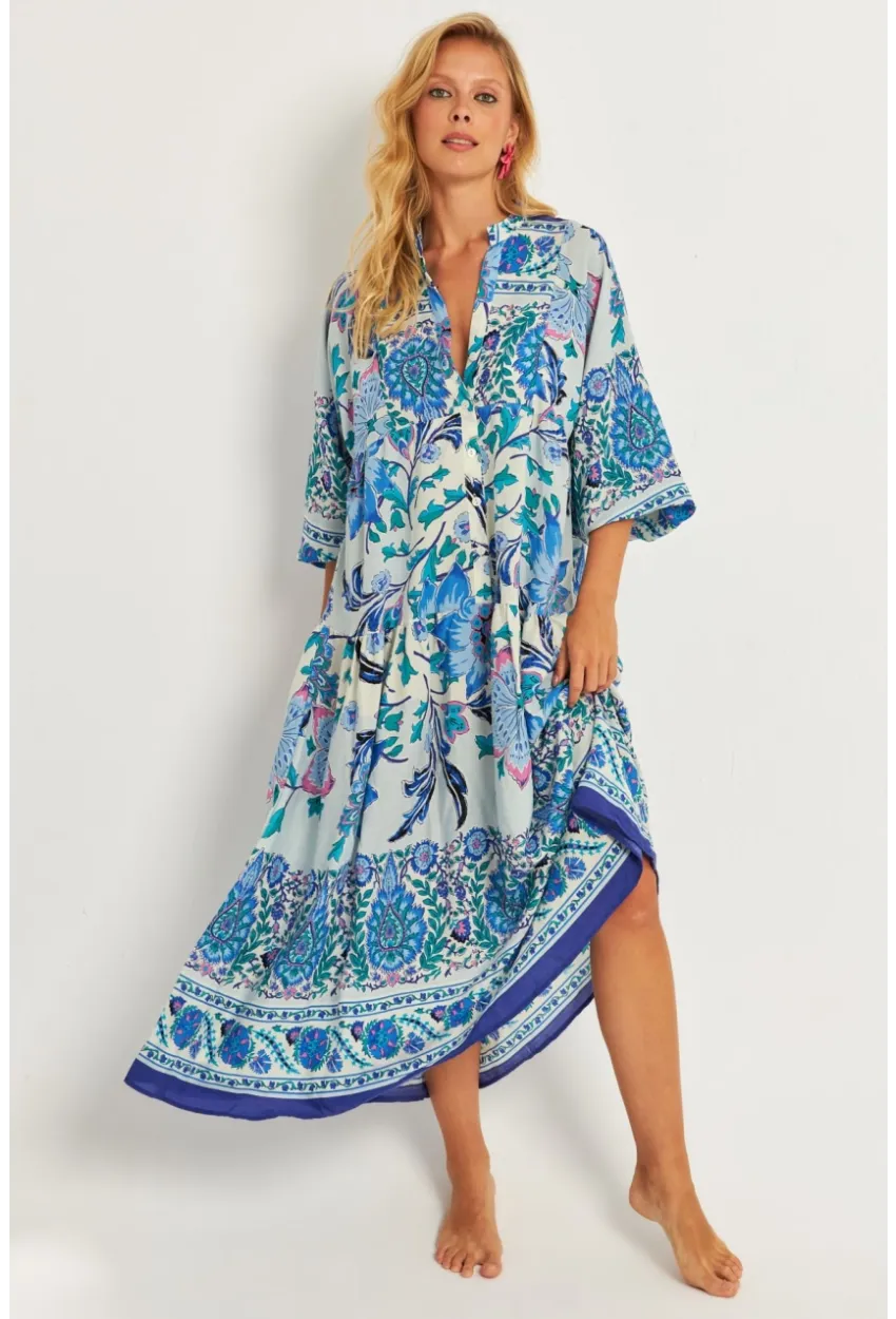 Kadın İndigo Desenli Midi Elbise MGÇ169