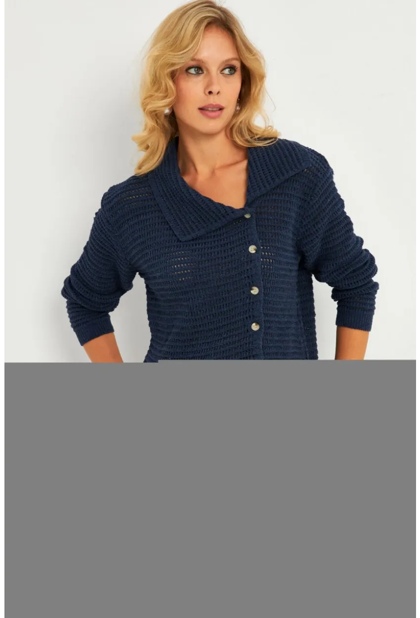 Kadın İndigo Geniş Yakalı Triko Hırka MİW4571