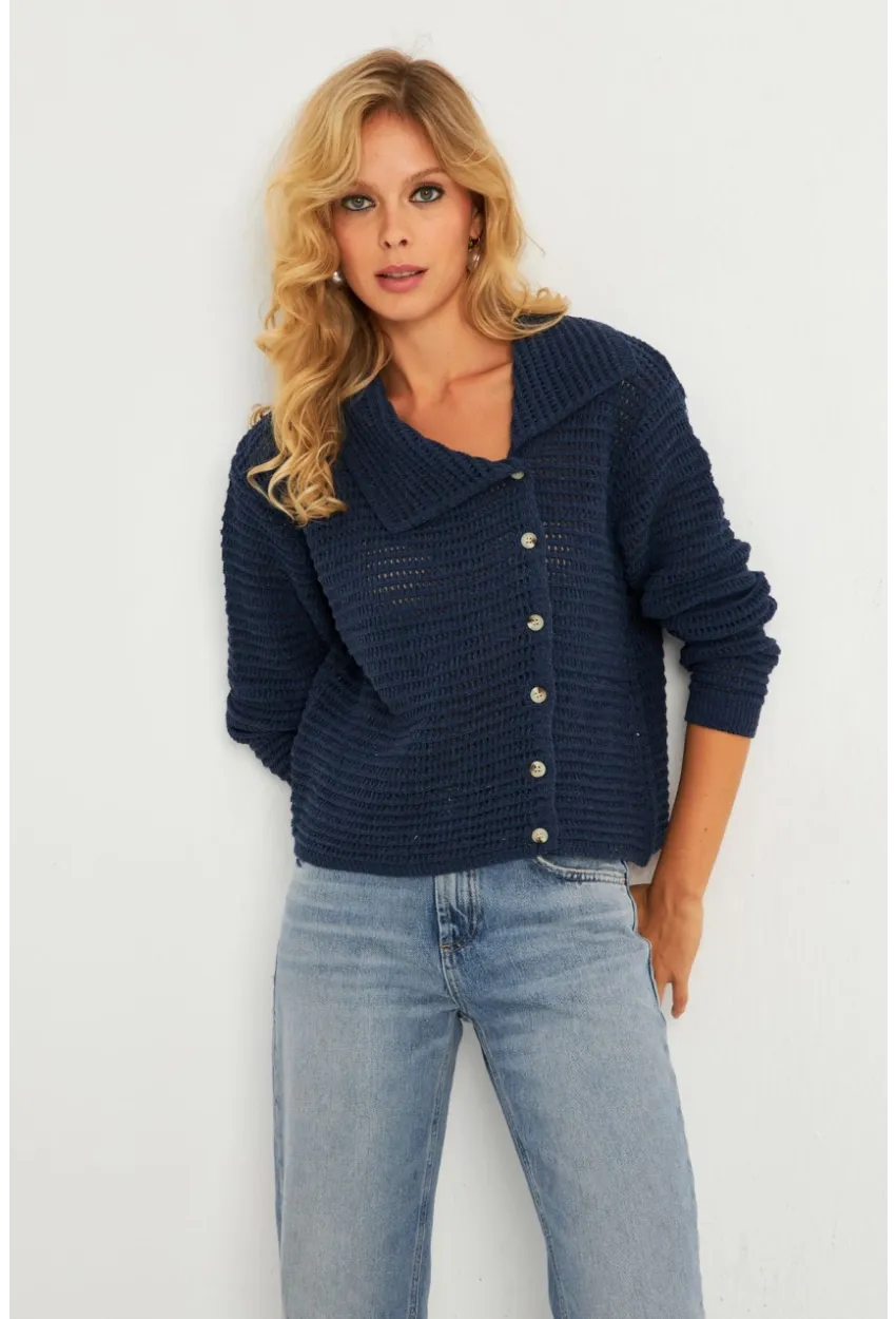 Kadın İndigo Geniş Yakalı Triko Hırka MİW4571