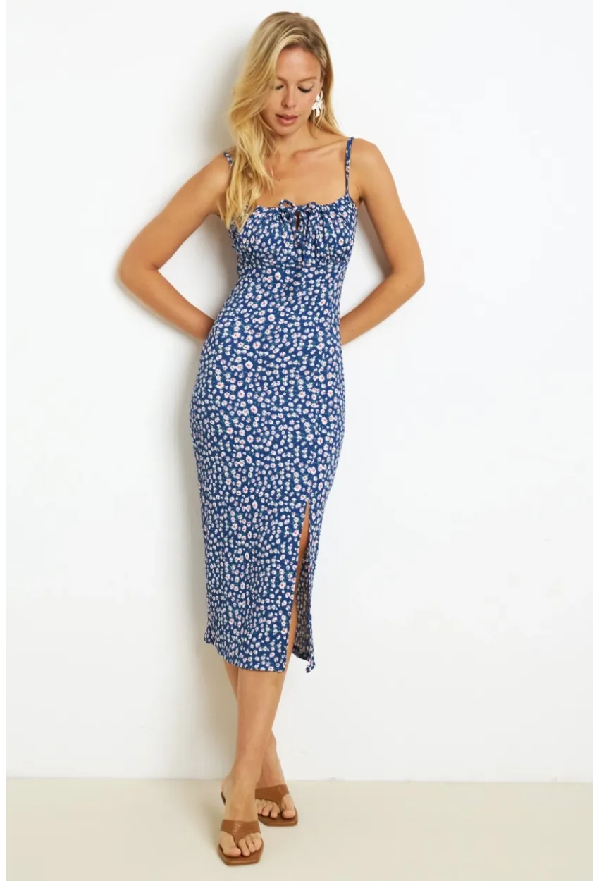 Kadın İndigo İnce Askılı Midi Elbise MON125