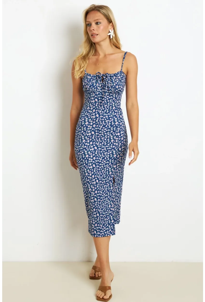 Kadın İndigo İnce Askılı Midi Elbise MON125