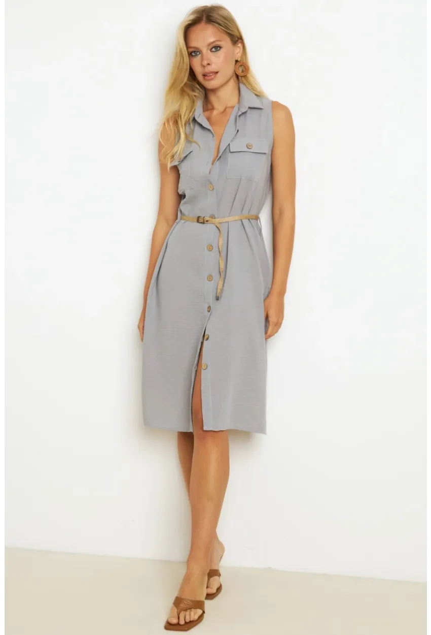 Kadın İndigo Kemerli Gömlek Midi Elbise SGT404