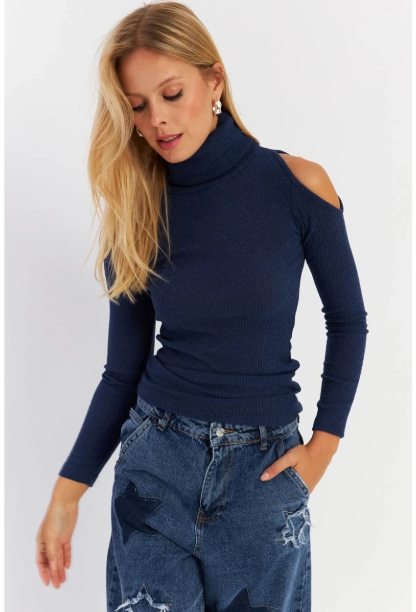 Kadın İndigo Omuzları Açık Kaşkorse Bluz HOR04