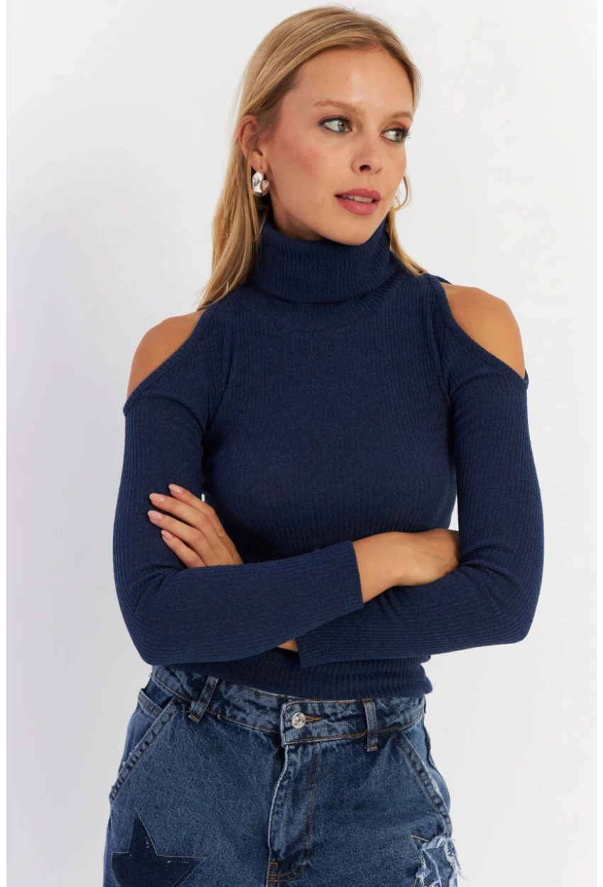 Kadın İndigo Omuzları Açık Kaşkorse Bluz HOR04